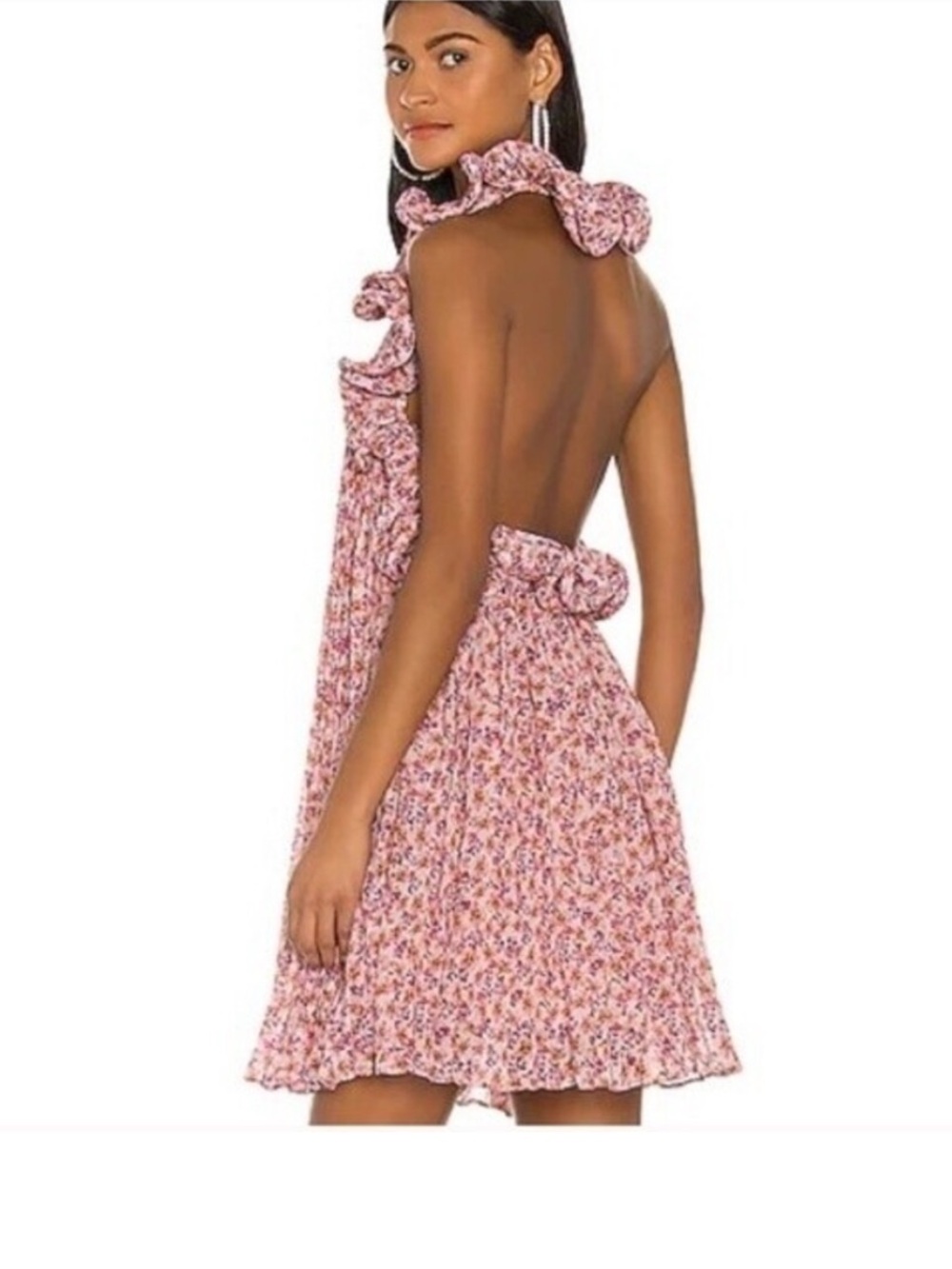 AMUR Mimi Halter Ruffled Pleated Floral Print Dress